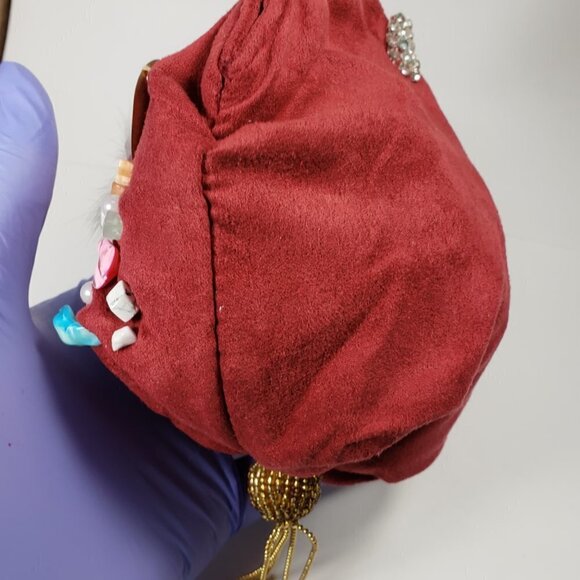 Red Coin Purse with Pink Satin Flower, Gems & Gold Leaf – Statement Mini Bag - Picture 7 of 13